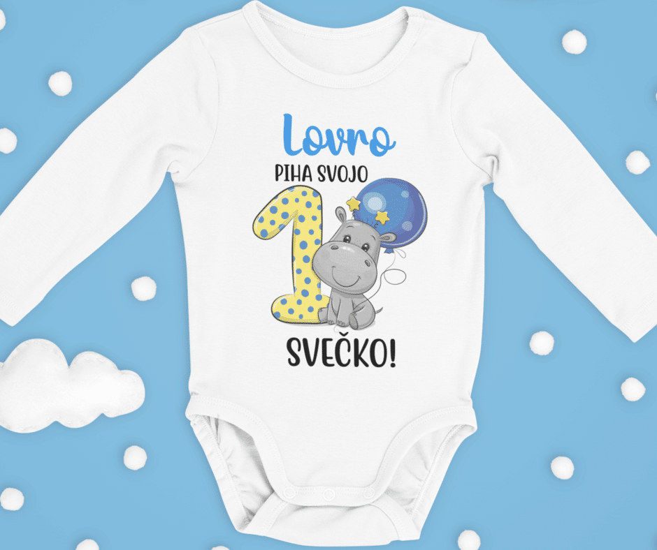 Otroški bodi - HIPPO, Piha Prvo Svečko [IME PO ŽELJI] — tisk na majico