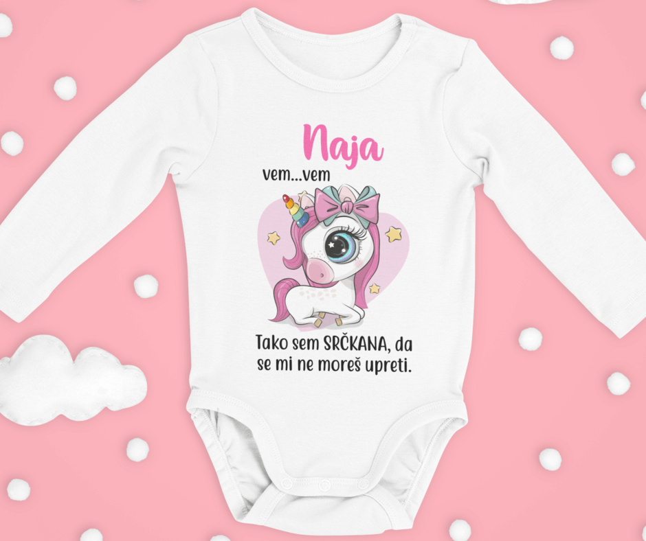 Otroški bodi - Samorog Tako Sem Srčkana [IME PO ŽELJI] — tisk na majico