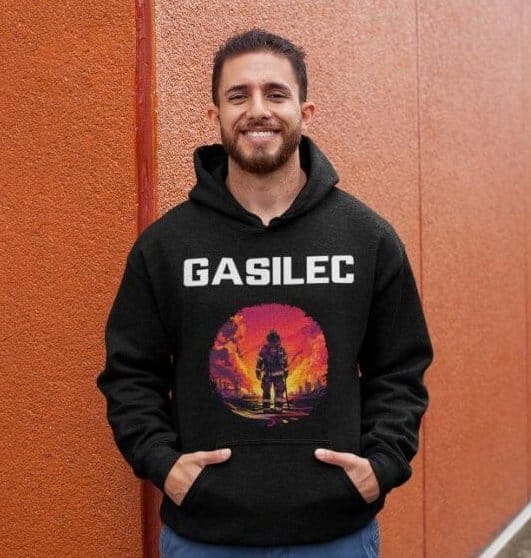 Gasilec / gasilka - požar v ozadju — detajl natisa