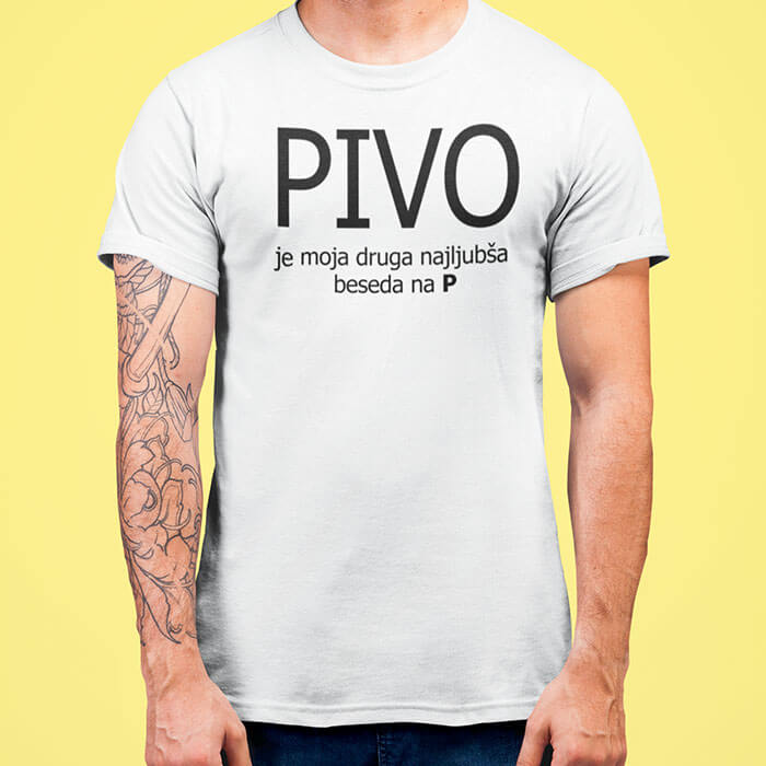 tisk-na-majice-pivo-druga-najljubsa-beseda-bela PIVO je moja druga najljubša beseda na P — detajl natisa