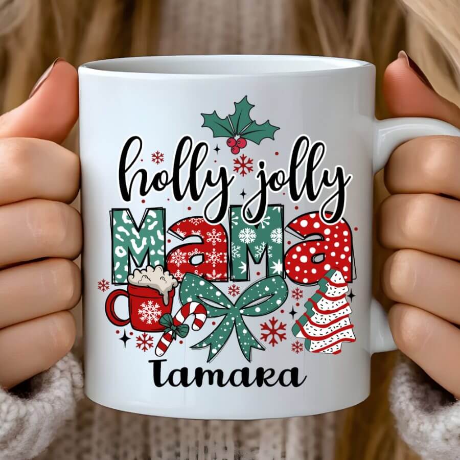 Skodelica Holly Jolly MAMA + IME — tisk na majico