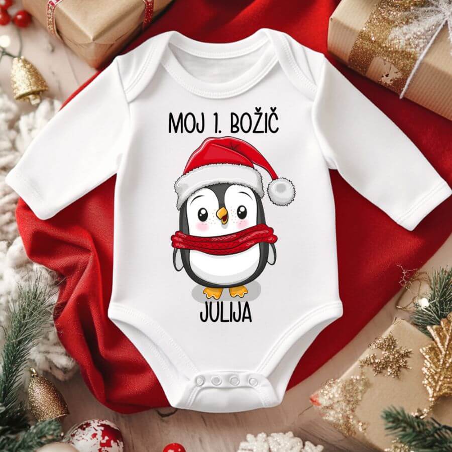 bozicni-bodi (7) Otroški bodi - Pingvinček Moj 1. božič + IME — tisk na majico